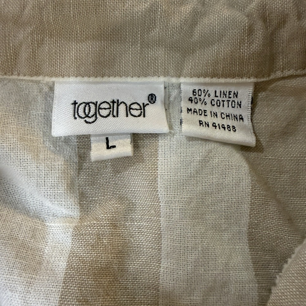 Together Linen Blend Button Front Shirt Womens Large Beige White Stripe Long Sl - Picture 4 of 8